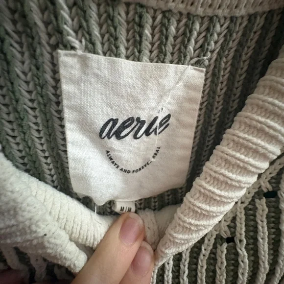 aerie Striped V-Neck Oversized Sweater in Cream & Olive - Picture 3 of 3